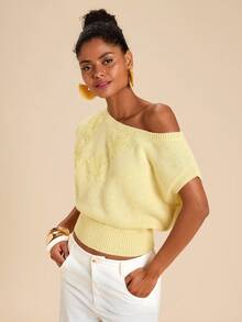 Travachic Damen Sommer Lässig Urlaubsstil einfarbiges Shirt mit bestickter Mesh-Applikation und asymmetrischem Saum, weites Cropped Strickoberteil - Gelb - Übersicht 6
