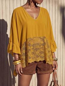 Zivah Blusa holgada de mujer con cuello en V, mangas con volantes y encaje de contraste - Mostaza Amarilla - Ver 2