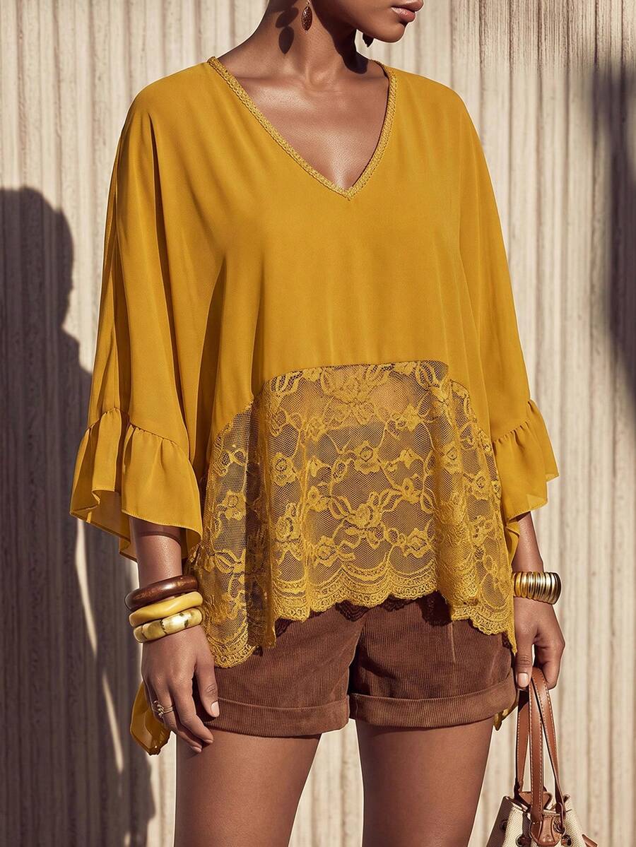 Zivah Blusa holgada de mujer con cuello en V, mangas con volantes y encaje de contraste