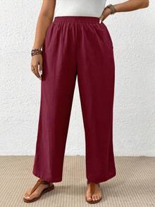 Linhara CURVE Plus Size Women Solid Color Pocket Casual Straight Leg Pants Fall - Burgundy - View 6