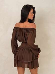 SHEIN ICON Women's Solid Color Off Shoulder Long Sleeve Front Tie Ruffle Hem Mini Dress Dinner Date Coffee Brown Autumn Elegant - Brown - View 2