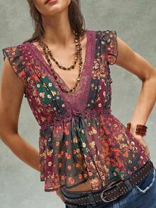 Bohemela Áo kiểu nữ mùa hè dáng rộng phong cách Bohemian, thích hợp cho lễ hội âm nhạc, kỳ nghỉ, tiệc tùng, họa tiết hoa nhí, phối ren tương phản, cổ chữ V, tay ngắn. - Màu Đỏ Sâu - Xem 7