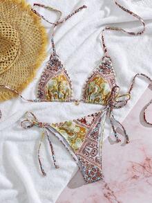 Bonvoyette Women's Paisley Print Halter Tie Bikini Set, Elegant Boho Style Beach Swimwear, Orange And Pink Color, Summer - Multicolor - View 6