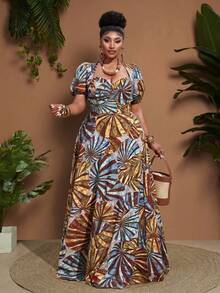 Maweii Plus Size Women's Spring/Summer Puff Sleeve Sweetheart Neck Long Slit Dress, Suitable For Beach Party, Travel Photography, Fresh Resort Style Fashion - Multicolor - View 1