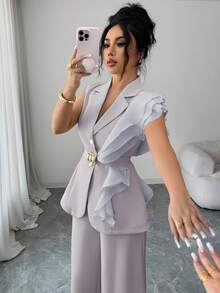 SHEIN Elenzya Bộ váy áo trang trọng sang trọng màu mơ dành cho nữ, gồm áo blazer không tay và quần ống đứng, chất liệu organza đính sequin, cổ bèo nhún và thắt eo, màu đỏ tía, thích hợp cho lễ Halloween, Giáng sinh, tiệc năm mới, lễ tốt nghiệp, đám cưới và các dịp khác. - Xám - Xem 3