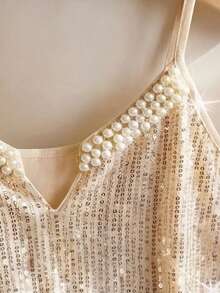 Franclia Áo hai dây cổ chữ V đính ngọc trai và sequin dành cho nữ, màu kem, không tay, thích hợp cho các bữa tiệc. - Màu be - Xem 4