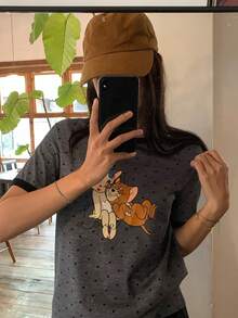 TOM AND JERRY X DAZY 女款圓領波點韓系卡通印花休閒短袖T恤圖案上衣 - 灰色 - 查看 6
