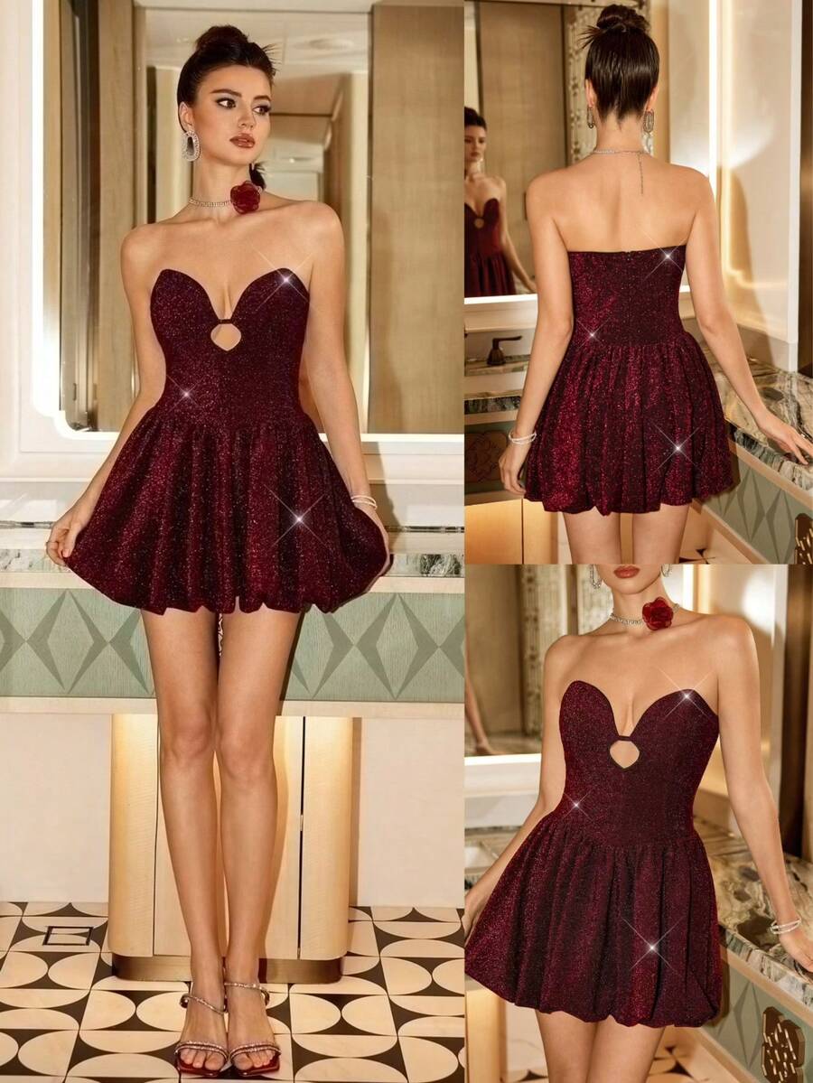 Poshira Vestido de cóctel con cuello en V profundo y volante para mujer - Burdeos - Ver 1