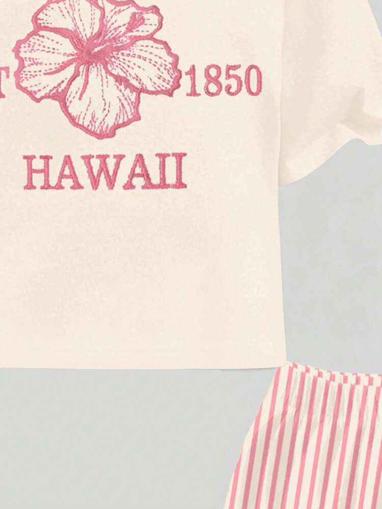 Bộ đồ 2 mảnh gồm áo thun ngắn tay cổ tròn dáng rộng in họa tiết hoa dâm bụt và chữ Hawaii, thích hợp mặc hàng ngày vào mùa xuân/hè, đi chơi, biển, nghỉ mát - dành cho nữ tuổi teen. - Nhiều màu - Xem 7