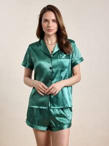 Hourtrue Contrast Piping Satin PJ Set / Pajama Set - Green - View 3