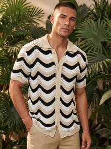 Manfinity RSRT European And American New Blogger Fashionable Design Casual Vacation Men's Knit Sweater, Spring/Summer Ombre Wavy Black And White Knit Sweater, Beach Vacation Style Knit Sweater Holiday / Vacation / Beach / Hawaii / Tropical / Swim /  Bathing Knit Shirt Crochet Shirt Men Mens Summer Holiday Clothes Mexico Vacation Clothes Men Beach Shirts For Men - Multicolor - View 2