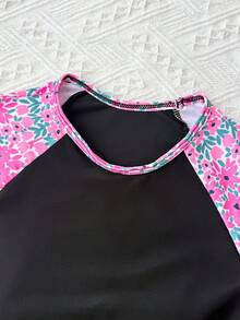 SHEIN Bộ đồ bơi cho bé gái tuổi teen, gồm áo tay raglan in hình cây nhiệt đới và quần short. - Hồng - Xem 4
