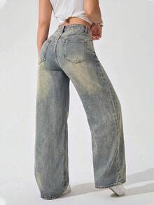 SHEIN SXY Quần jeans denim xanh đa năng dành cho nữ, phù hợp cho mọi mùa, du lịch và mặc hàng ngày. - Rửa nhẹ - Xem 2