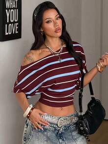 Coolane 夏季女装街头休闲复古外出音乐会锐舞Y2K基础日常穿搭不对称肩部收腰T恤，条纹T恤 - 彩色 - 查看 5