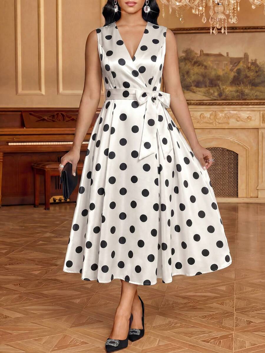 SHEIN Lady Vestido elegante de longitud media con escote en V superpuesto y sin mangas con estampado de lunares para mujer - Blanco y Negro - Ver 1