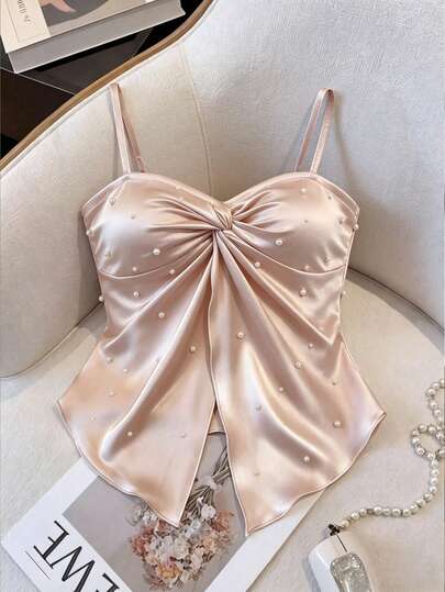 SHEIN Franclia Áo hai dây màu mơ, dây mảnh, đính đá lấp lánh, trang phục thanh lịch cho kỳ nghỉ xuân hè, phù hợp cho các bữa tiệc.