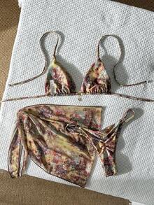 Costavie Bộ bikini 3 mảnh dành cho nữ, kiểu dáng cổ yếm, họa tiết ngẫu nhiên, đính kim loại, gồm áo và váy ngắn, thích hợp cho mùa xuân/hè. - Nhiều màu - Xem 4