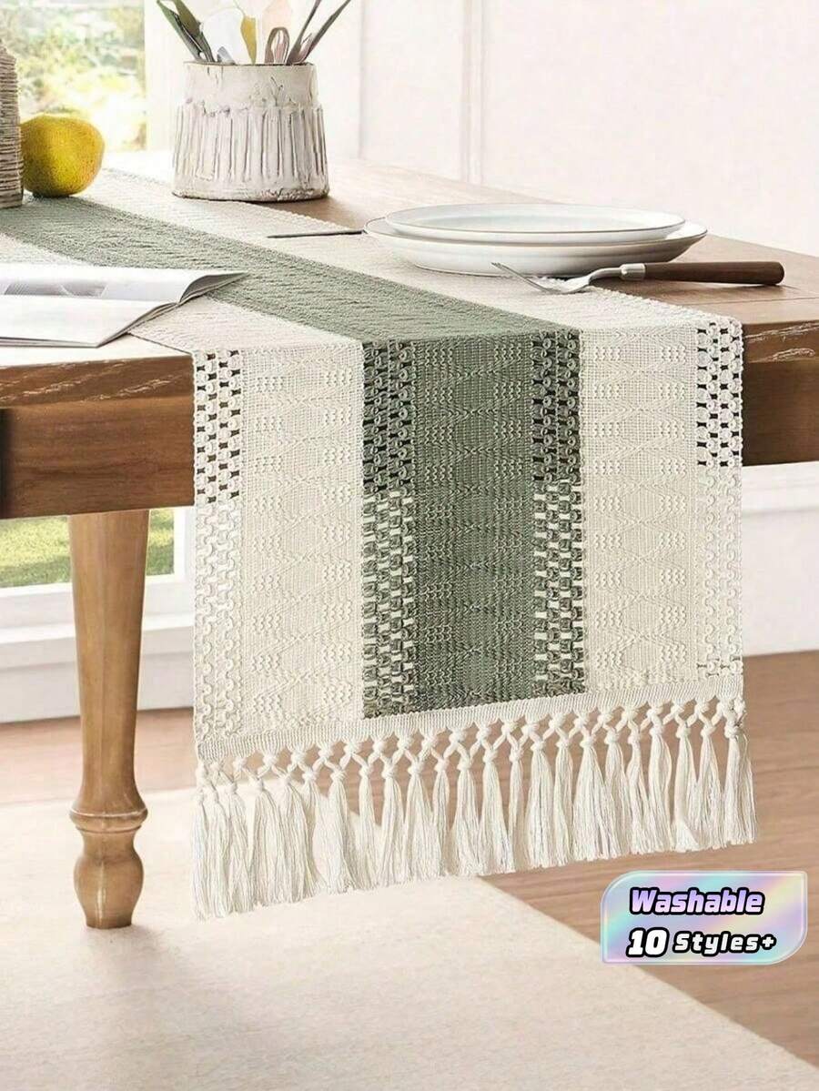 1PC Boho Table Runner Macrame Table Runners For Home Decor ,Cream & Gray Macrame Table Runner With Tassels For Boho Dining Bedroom Decor Rustic Bridal Shower,Farmhouse Rustic Table Runner,Place Mat, Valentine's Day Decoration, Gift Decor, Wedding Decor, (Multiple Sizes Available) - multicolor - View 1