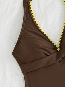 Swim Lushoire Bộ bikini hai mảnh màu trơn dành cho nữ, kiểu áo hai dây và dây chéo phía trước, thoải mái và phù hợp cho kỳ nghỉ hè ở bãi biển. - Cà phê nâu - Xem 6