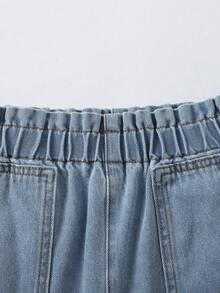 SHEIN 女童休闲牛仔短裤，夏季新品，时尚弹力腰带，甜美可爱风格，适合户外、购物、度假，浅蓝色水洗牛仔短裤 - 淺色水洗藍 - 查看 6