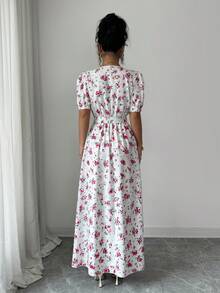Balvessa Women's Elegant Floral Print Metal Buckle Decor Short Sleeve Dress, Suitable For Summer Vacation Vacation Light Pink - Baby Pink - View 2