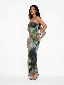 Femmeiva Vestido de mujer con estampado de teñido anudado, de moda para el verano - Verde - Ver 1
