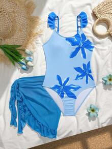 SHEIN 少女碎花荷叶边连体泳衣和裙子套装，时尚休闲 - 藍色 - 查看 3