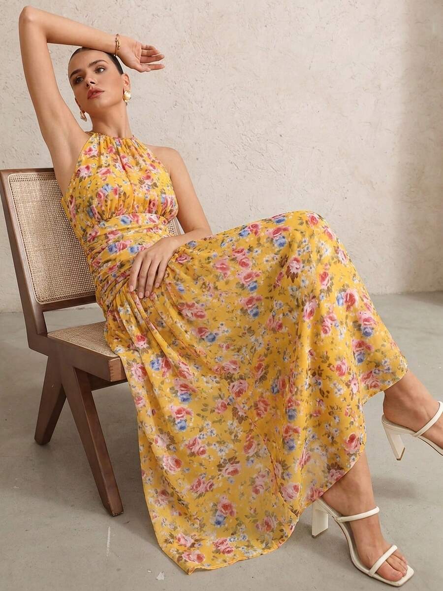 BELROSIE Vacation Versatile Romantic Elegant Floral Ruched Asymmetric Design Sleeveless Dress - Yellow - View 1