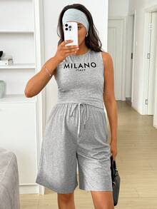 SHEIN Bộ đồ bầu gồm áo tank top cổ tròn in chữ và quần short, kiểu dáng thường ngày, 2 món. - Xám - Xem 1