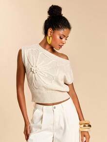Travachic Women's Solid Color Applique Asymmetric Collar Casual Knit Top - Camel - View 5