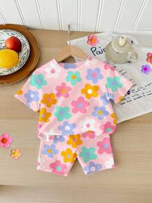 SHEIN Happikins 2pcs/Set Young Girl Casual Floral Print Short Sleeve Round Neck T-Shirt And Shorts Set, Suitable For Summer Summer Outfits - Multicolor - View 3