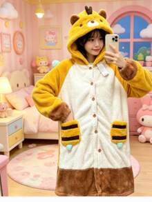 1 Áo choàng ngủ nữ hình ong dễ thương bằng vải lông cừu, đồ mặc nhà dày dặn ấm áp bằng vải flannel có mũ trùm đầu, đồ ngủ mùa đông mềm mại tay dài cổ tròn, hoàn hảo làm quà tặng năm mới hoặc ngày Valentine. - Nhiều màu - Xem 7