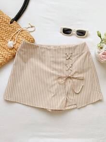 Comfortcana Quần short nữ mùa hè kiểu dáng thường ngày kẻ sọc buộc chéo. - Màu Khaki - Xem 6