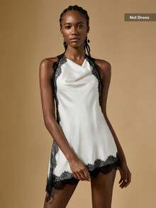 White Elegant Satin Lace Trim Backless Mini Dress For Women, Halter Neck Party Evening Dress - White - View 3