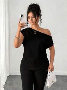 Elenzga 大码女式不对称肩部百搭休闲衬衫，适合春夏穿着，通勤、日常穿着及浪漫场合。 - 黑色 - 查看 1