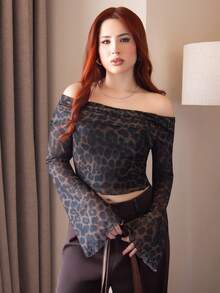 FER DURAN FER DURAN 女士露肩豹纹印花网眼泡泡袖短款 T 恤 - 棕色 - 查看 1