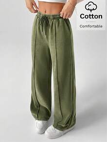 SHEIN PETITE Snow-Washed Women's Drawstring Wide Leg Sweatpants - Olive Green - View 4
