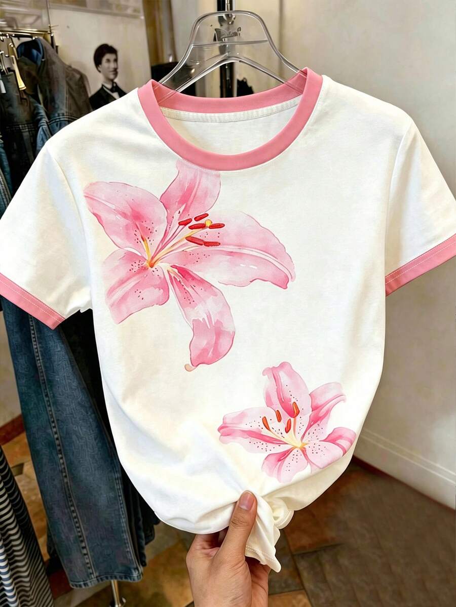 Resyla 夏季新品,花卉印花图案设计,简约休闲廓形,穿着舒适,户外/休闲上衣,女士常规版型T恤,适合户外活动、购物等场合,时尚新颖的图案 - 彩色 - 查看 1