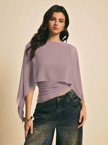 Poéselle Women's Solid Color Pleated Casual Versatile Daily Wear Top,Summer Top - Dusty Purple - View 5