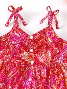 SHEIN Playful Pals 女嬰夏季無袖連身褲 紅色波點波希米亞風 度假節日花卉印花 蝴蝶結肩帶 鈕扣設計 寬鬆版型 束口褲腳 休閒套裝 - 紅色 - 查看 4