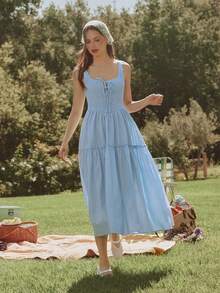 WESTFADE Đầm midi 100% cotton, cổ tròn xếp ly, dây buộc nơ, eo chữ V, xếp tầng, bèo nhún, dáng xòe. - Màu xanh lam - Xem 1