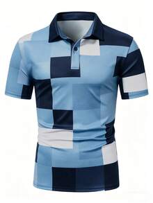 Manfinity Mode Men's Plaid Print Short Sleeve Casual Commuter Polo Shirt - Blue - View 3