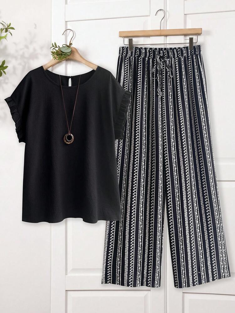 Plus Size Women's Shoulder Petal Sleeve Shirt With Ruffle Hem And Elastic Waist Pants Set, Black, Bohemian Casual Suitable For Spring And Summer Summer Summer Outfit For Women Festival Outfits For Women Beach Outfits For Women Vacation Outfits Women Holiday Outfits  For Women Country Concert Outfit  Casual Sets For Women