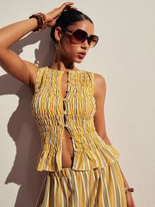 Poéselle Women's Contrast Color Striped Print Camisole And Wide Leg Pants Casual 2 Pieces Set - Yellow - View 7