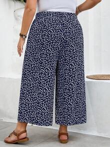 SHEIN CURVE+ Große Größen US22 Musikfestival, Strandurlaub, Boho Ditsy Blumen Weite Bein Lässig Palazzo Hose - marineblau - Übersicht 3