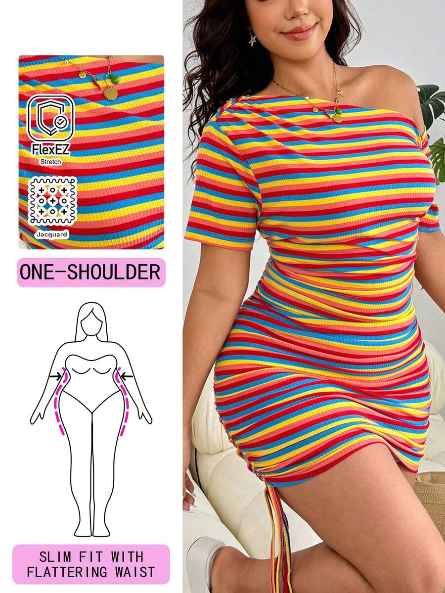 Solflare Vestido casual de nueva llegada para la primavera/verano, mes del orgullo. Adecuado para salidas, uso diario, fiestas, ir al trabajo, festivales de música, vuelta al colegio, graduación, vacaciones en la playa, ropa urbana, ropa de estar en casa, explorar tiendas, paseos por la ciudad, uso en múltiples ocasiones, se puede usar como prenda exterior o en capas. Hombro asimétrico, tejido de punto acanalado de colores del arcoíris, elástico, longitud ajustable, manga corta, fruncido en todo el Body, corto, ajustado al Body, tallas grandes - Multicolor - Ver 1