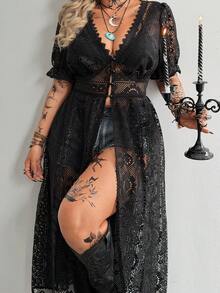 Whyspr Plus Size V-Neck Lace Hollow Out Jacquard Short Sleeve Elegant Retro Cute Beach Casual Waist Tie A-Line Open Front Long Shirt, Black - Black - View 8