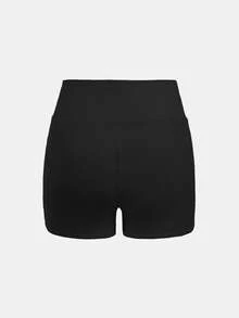 SHEIN Girlism 4件套少女休闲纯色高腰运动瑜伽短裤，春夏款 - 黑色 - 查看 3