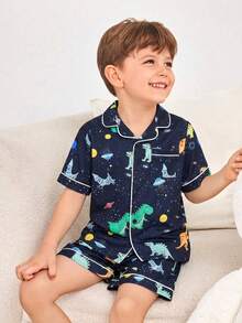 SHEIN Piyama Rajut Musim Panas Anak Laki-Laki 2 Potong Motif Dinosaurus Kartun Lucu Bercahaya, Cocok untuk Musim Semi dan Musim Panas di Rumah - MultiWarna - View 6