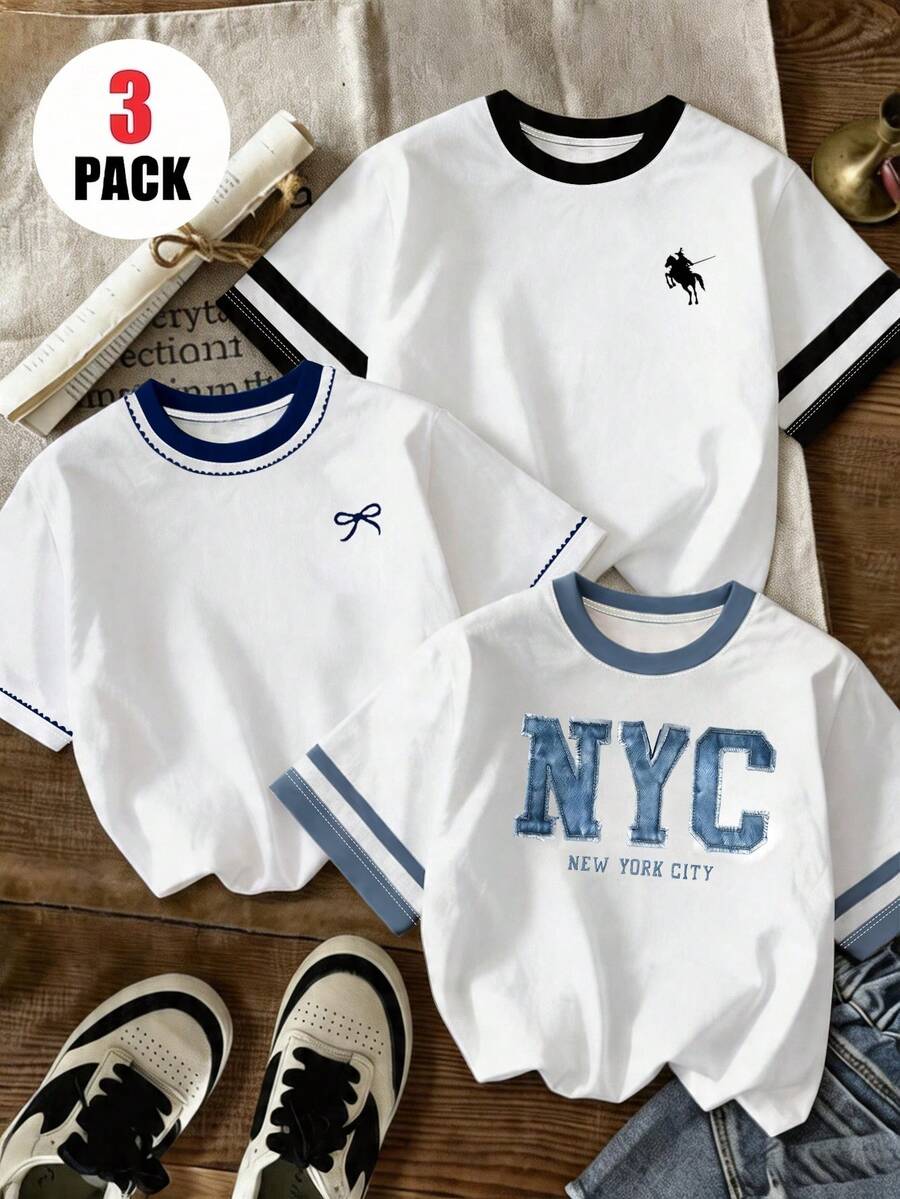 3 Pack Girls' Casual Minimalist White Summer T-Shirt,Bow Rider English Print Round Neck Short Sleeve Tee,Back-To-School School Style Daily Wear - Multicolor - View 1